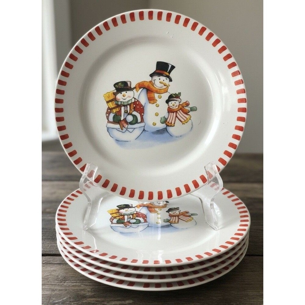 Trisa Stoneware Christmas Dinner Plates 9.75” Snowman Family Red Trim